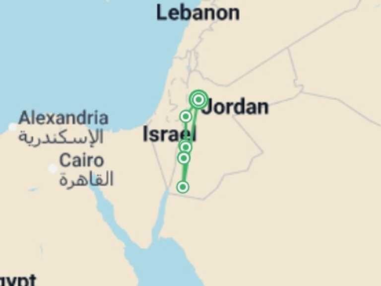 Map itinerary of Petra Tour in May 2026 with 5 destination visits for the trip: Premium Walking and Hiking Jordan (Petra, Wadi Rum & the Dead Sea)