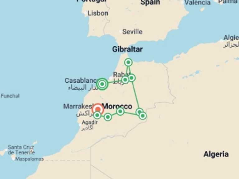 Map itinerary of Mediterranean Tour in July 2026 with 10 destination visits for the trip: Premium Morocco in Depth