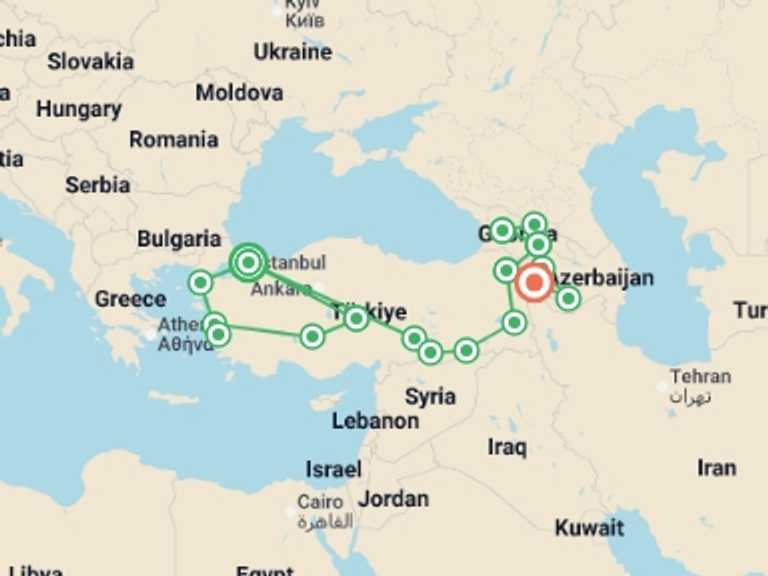Map itinerary of Europe Tour in September 2026 with 16 destination visits for the trip: Turkey, Georgia & Armenia Encompassed