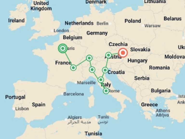 Map itinerary of Paris Tour in February 2027 with 9 destination visits for the trip: Adventurous Europe