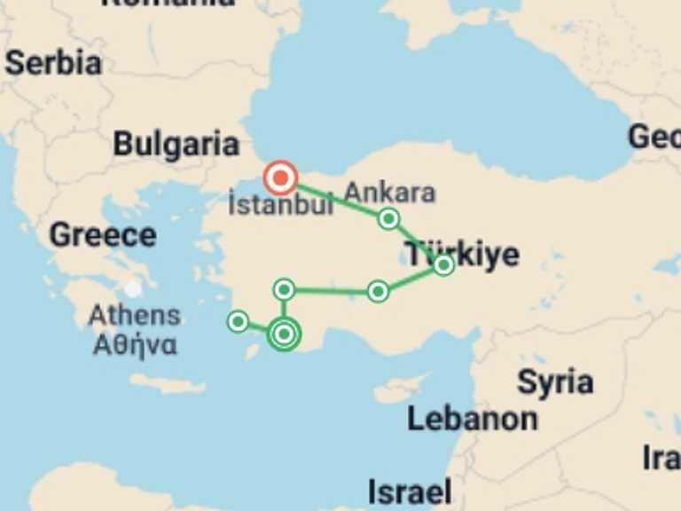 Map of Turkey Cruise Tour with 7 destination visits for the trip: Wonders of Anatolia With Gulet Tour