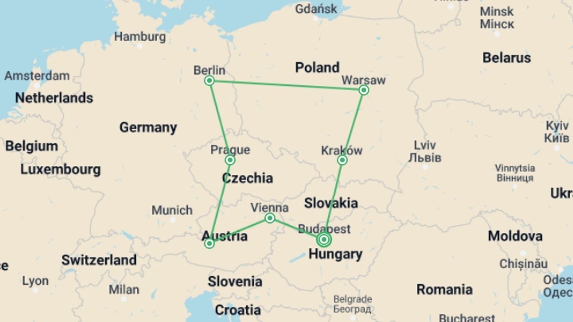 A map showing the tour itinerary for the trip: Play & Pause: Central & Eastern Europe Highlights, starting in Budapest, Hungary and ending in Budapest, Hungary going through 6 other destinations.