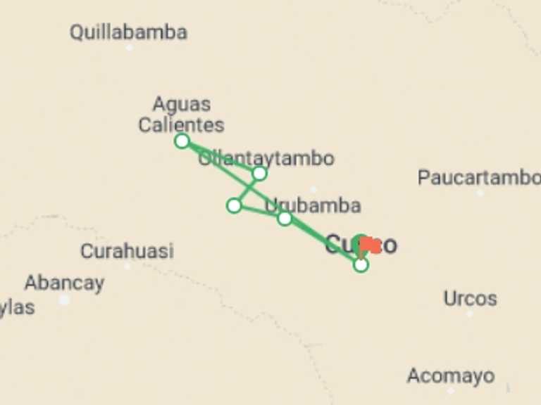 Map itinerary of Peru Tour in July 2027 with 7 destination visits for the trip: Ancasccocha trek to Machu Picchu 5d/4n