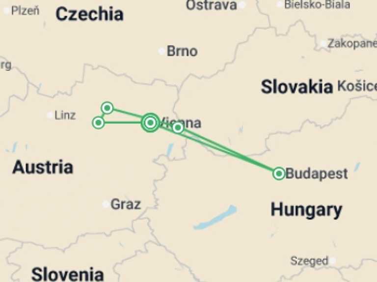 Map of Europe Tour with 4 destination visits for the trip: Hiking cruises in the former Austro-Hungarian Empire (port-to-port cruise)