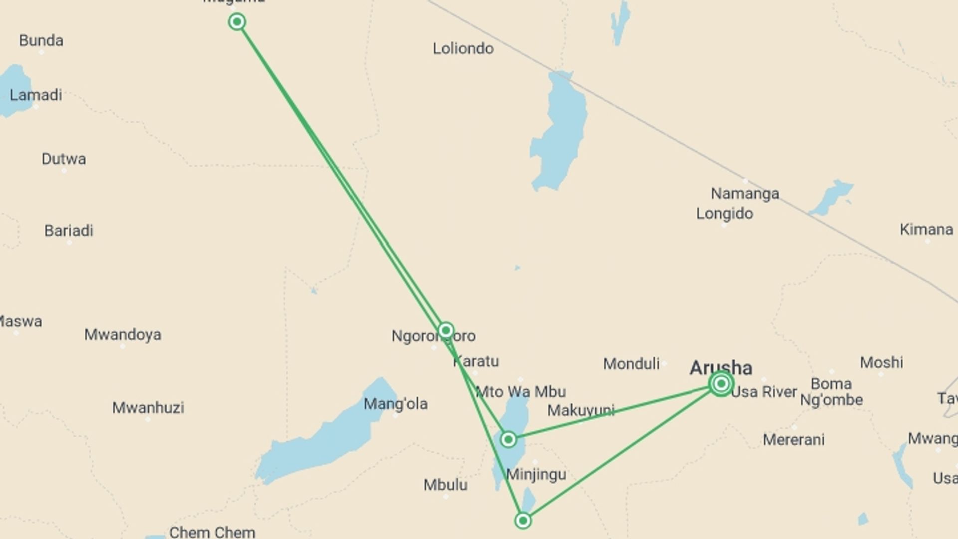 A map showing the tour itinerary for the trip: The Best of Tanzania: 6-Day Safari, starting in Arusha, Tanzania and ending in Arusha, Tanzania going through 6 other destinations.