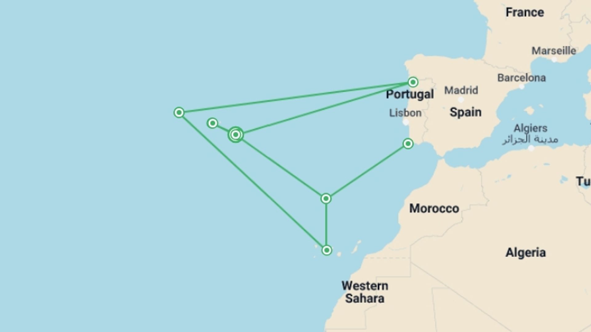 A map showing the tour itinerary for the trip: Island Hopping in the Azores, starting in Azores, Portugal and ending in Azores, Portugal going through 11 other destinations.