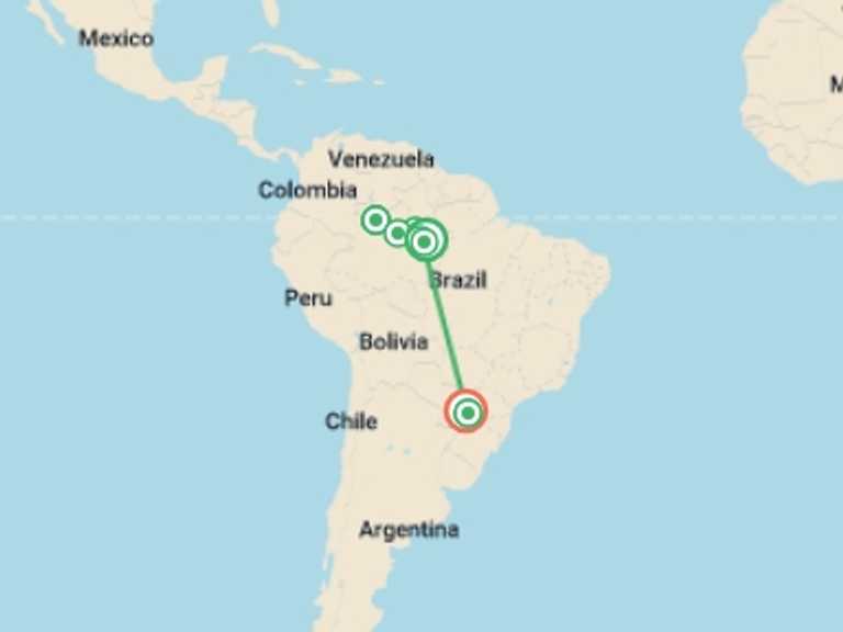 Map itinerary of South America Tour in March 2027 with 9 destination visits for the trip: Along the Amazon and the Rio Negro - An Exclusive Cruise through Pristine and Hidden Nature - An exceptional stay at Iguazu Falls (port-to-port cruise)