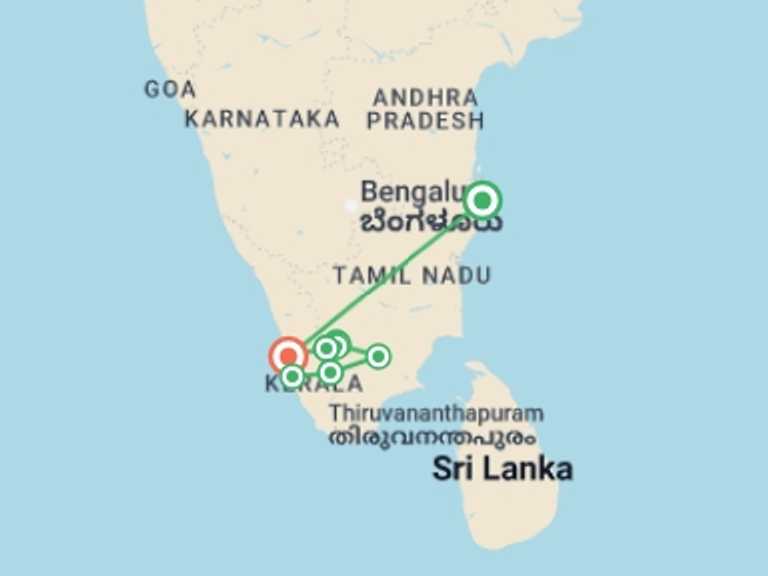 Map itinerary of India Tour in Winter with 10 destination visits for the trip: Spice Trails of Kerala