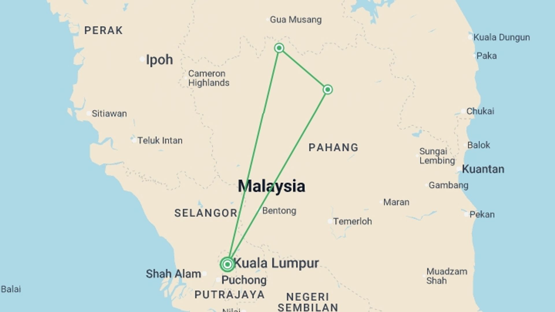 A map showing the tour itinerary for the trip: Wild Taman Negara Express - 3 days, starting in Kuala Lumpur, Malaysia and ending in Kuala Lumpur, Malaysia going through 2 other destinations.