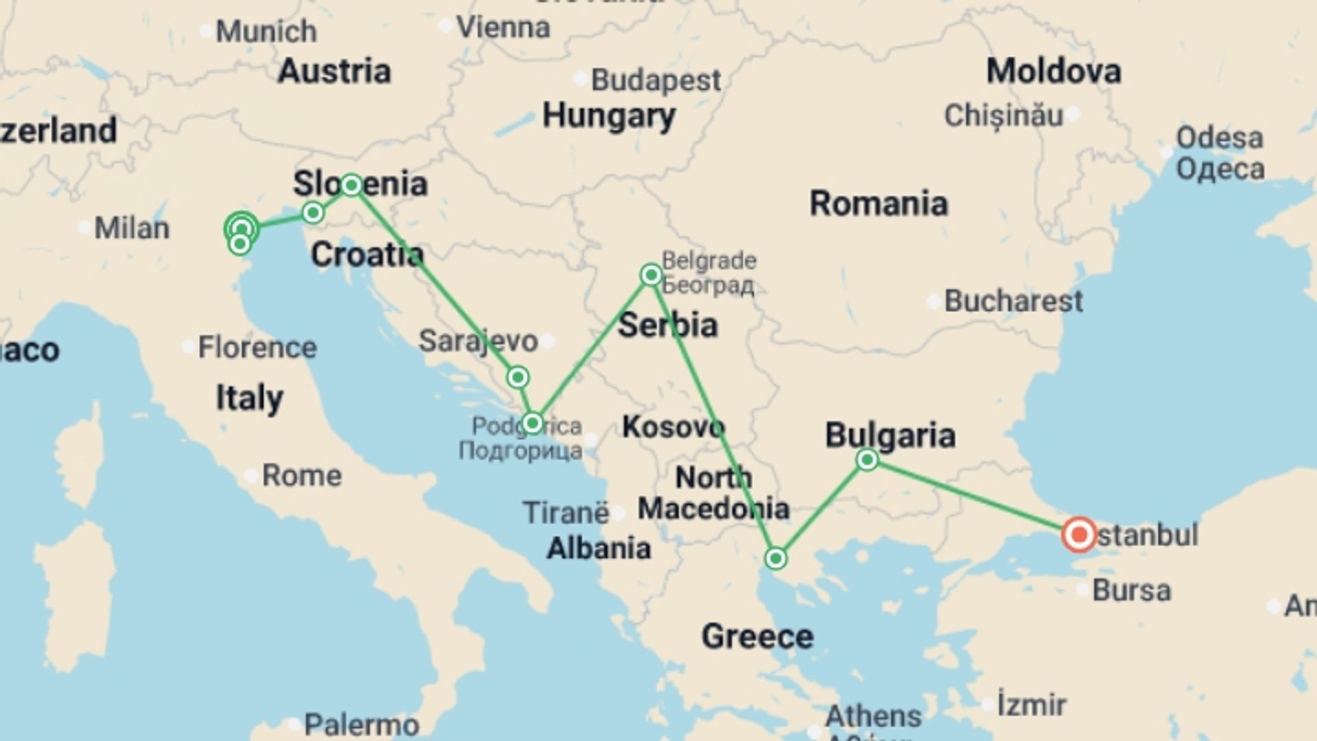A map showing the tour itinerary for the trip: Cruise & Rail: Venice, Istanbul & the Balkans (2026), starting in Venice, Italy and ending in Istanbul, Turkey going through 8 other destinations.