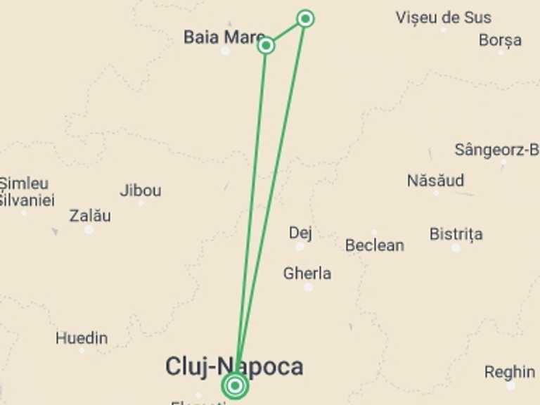 Map of a Road Tour with 3 destination visits for the trip: Two days tour to Maramures from Cluj-Napoca