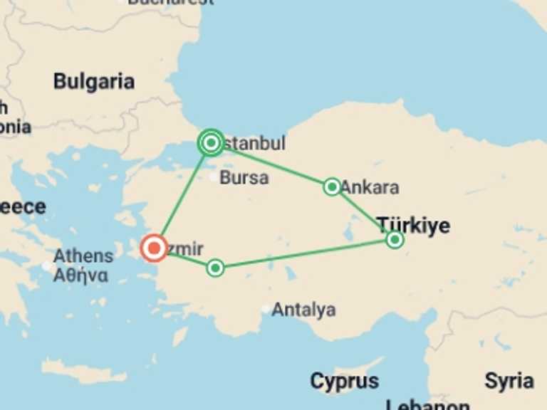 Map itinerary of Turkey Tour in September 2025 with 5 destination visits for the trip: Istanbul to Cappadocia & Izmir - 9 days 