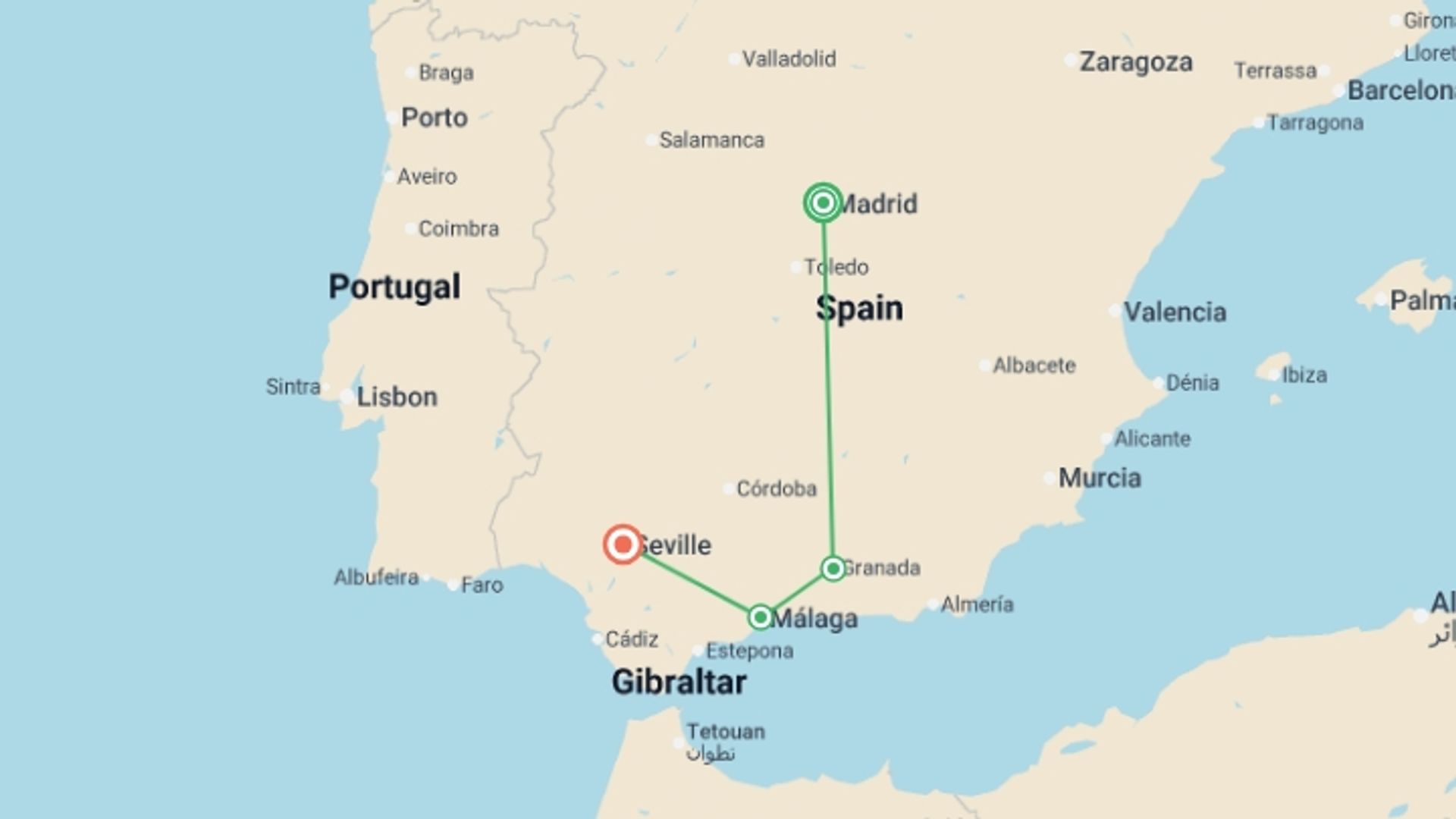 A map showing the tour itinerary for the trip: Madrid and Andalusia, starting in Madrid, Spain and ending in Seville, Spain going through 2 other destinations.