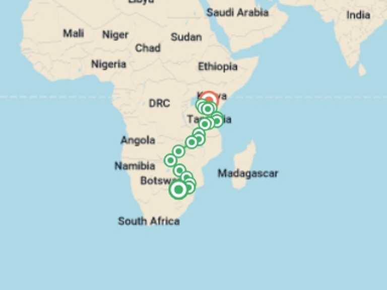 Map of Pretoria Explorer Tour with 18 destination visits for the trip: 29-day Kruger  Victoria Falls to Serengeti Accommodated