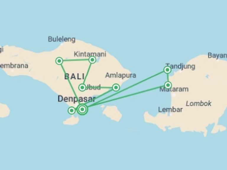 Map of a Farm and plantation visits Tour with 8 destination visits for the trip: Classic Bali & Lombok