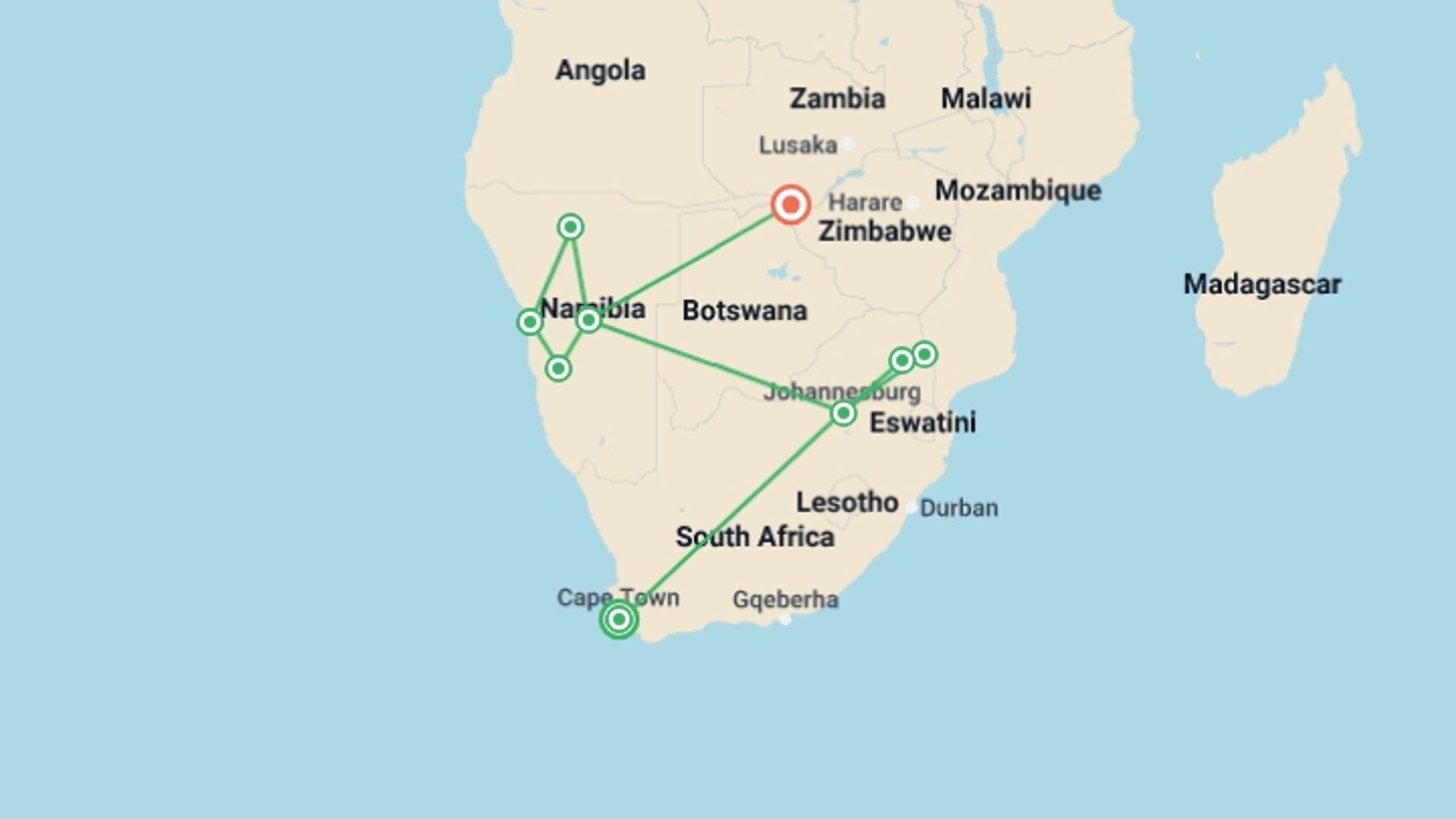 A map showing the tour itinerary for the trip: Journeys: Southern Africa Highlights, starting in Cape Town, South Africa and ending in Victoria Falls, Zimbabwe going through 8 other destinations.