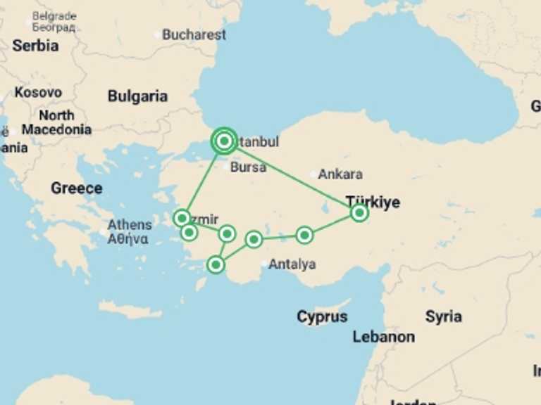 Map of Turkey Cruise Tour with 5 destination visits for the trip: Treasures of Turkiye Istanbul, Ancient Ephesus & Cappadocia