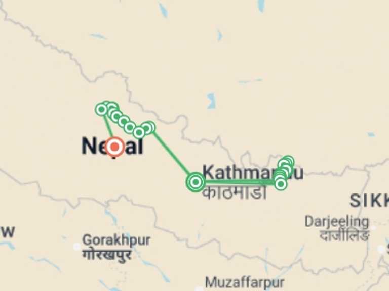 Map itinerary of Nepal Tour in Fall with 24 destination visits for the trip: Everest Base Camp & Annapurna Circuit Trek