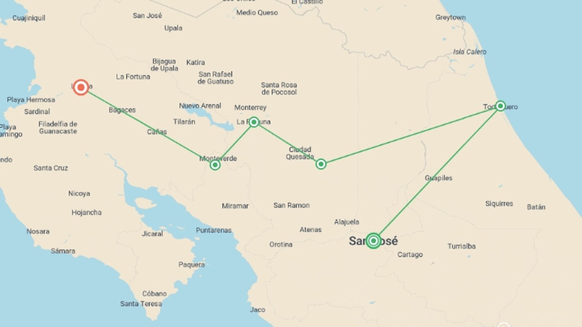 A map showing the tour itinerary for the trip: Signature: Costa Rica's Tortuguero, Arenal & Cloud Forests, starting in San Jose, Costa Rica and ending in Guanacaste, Costa Rica going through 4 other destinations.