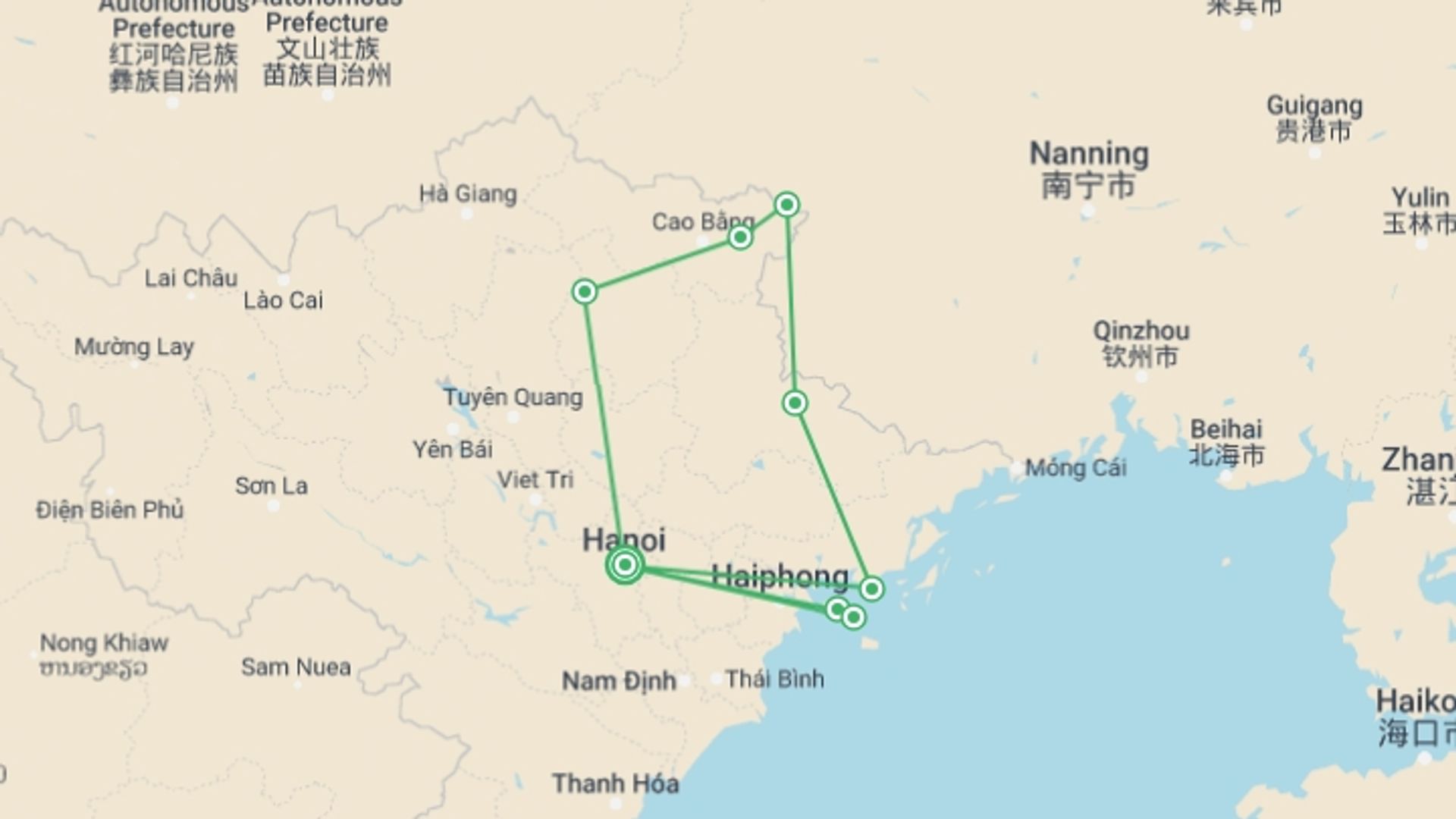 A map showing the tour itinerary for the trip: Northern Frontier Adventure To Cat Ba Island 8 Days 7 Nights, starting in Hanoi, Vietnam and ending in Hanoi, Vietnam going through 6 other destinations.