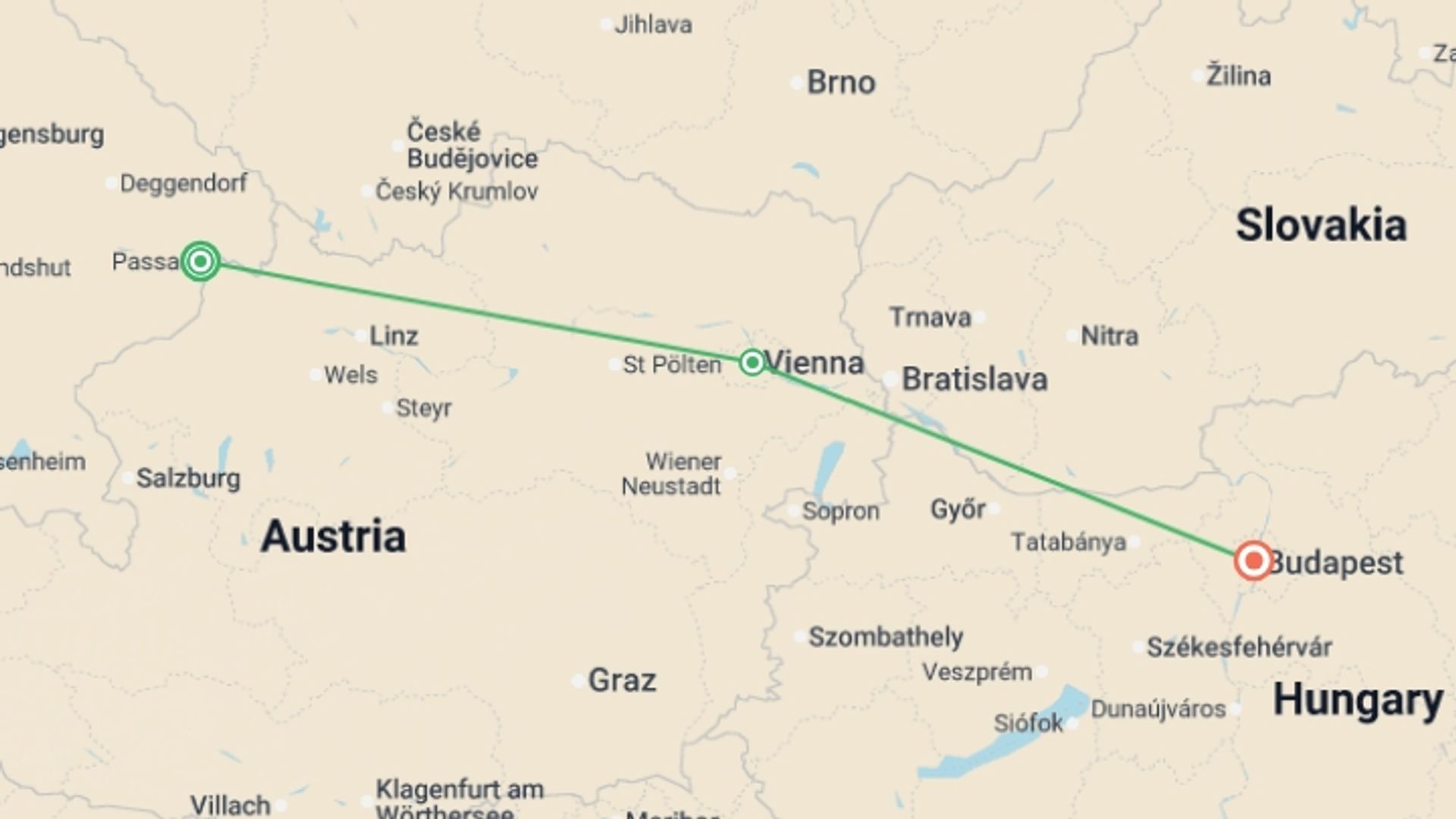 A map showing the tour itinerary for the trip: The beautiful blue Danube (port-to-port cruise), starting in Passau, Germany and ending in Budapest, Hungary going through 1 other destinations.