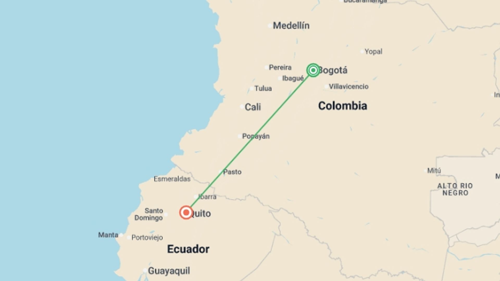 A map showing the tour itinerary for the trip: Bogota to Quito Travel Pass, starting in Bogota, Colombia and ending in Quito, Ecuador going through 0 other destinations.