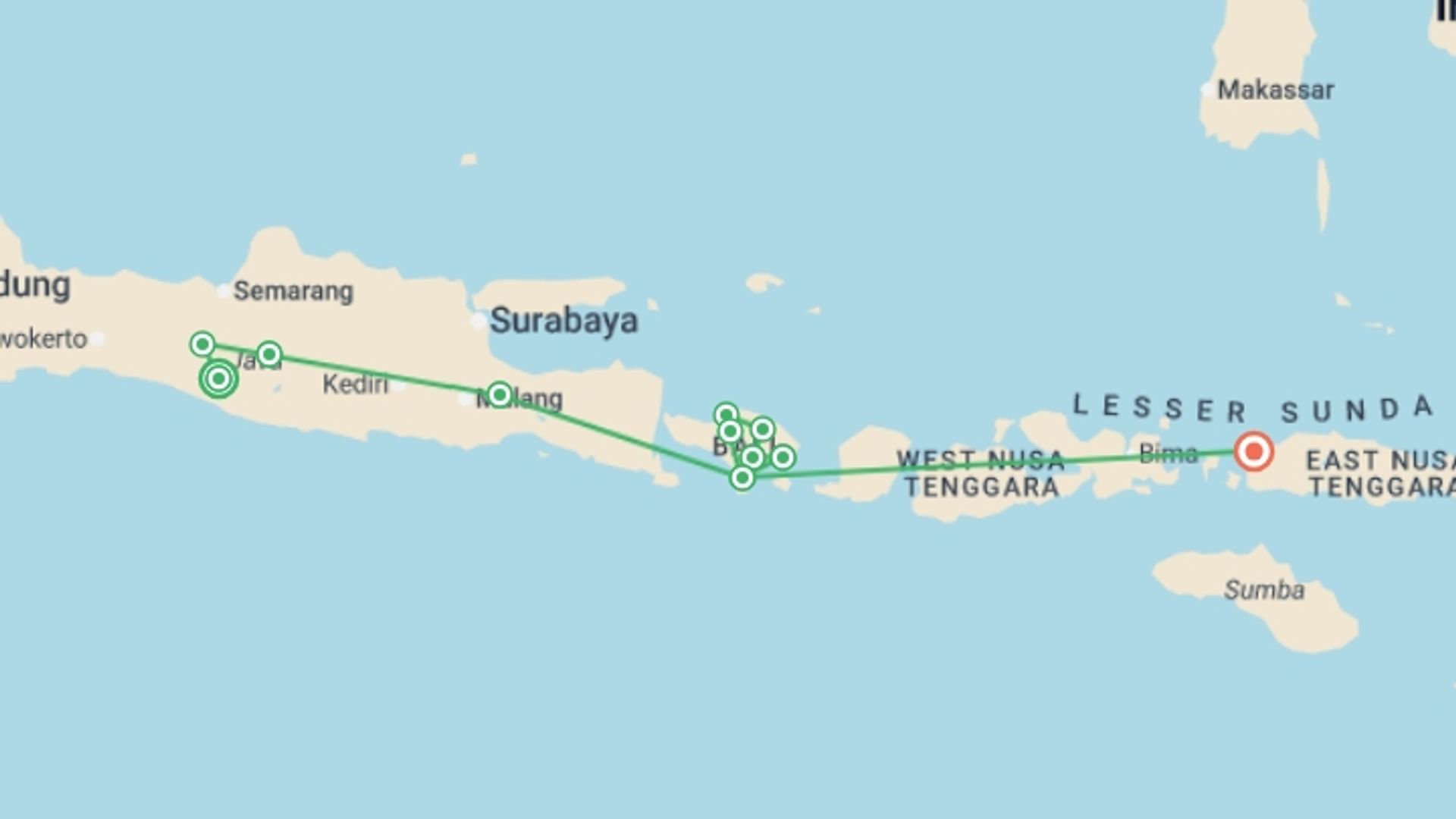 A map showing the tour itinerary for the trip: Indonesia: Java, Bali & Komodo Island, starting in Yogyakarta, Indonesia and ending in Labuan Bajo, Indonesia going through 10 other destinations.