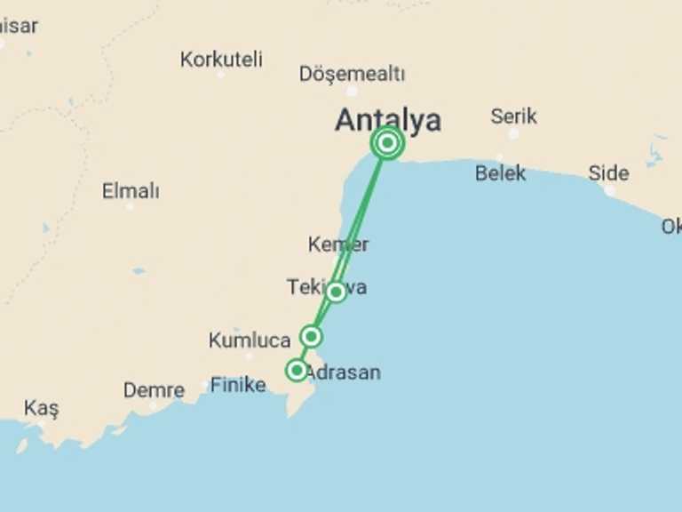 Map of Turkey Trekking and Hiking Tour with 5 destination visits for the trip: Lycian Way East Walk