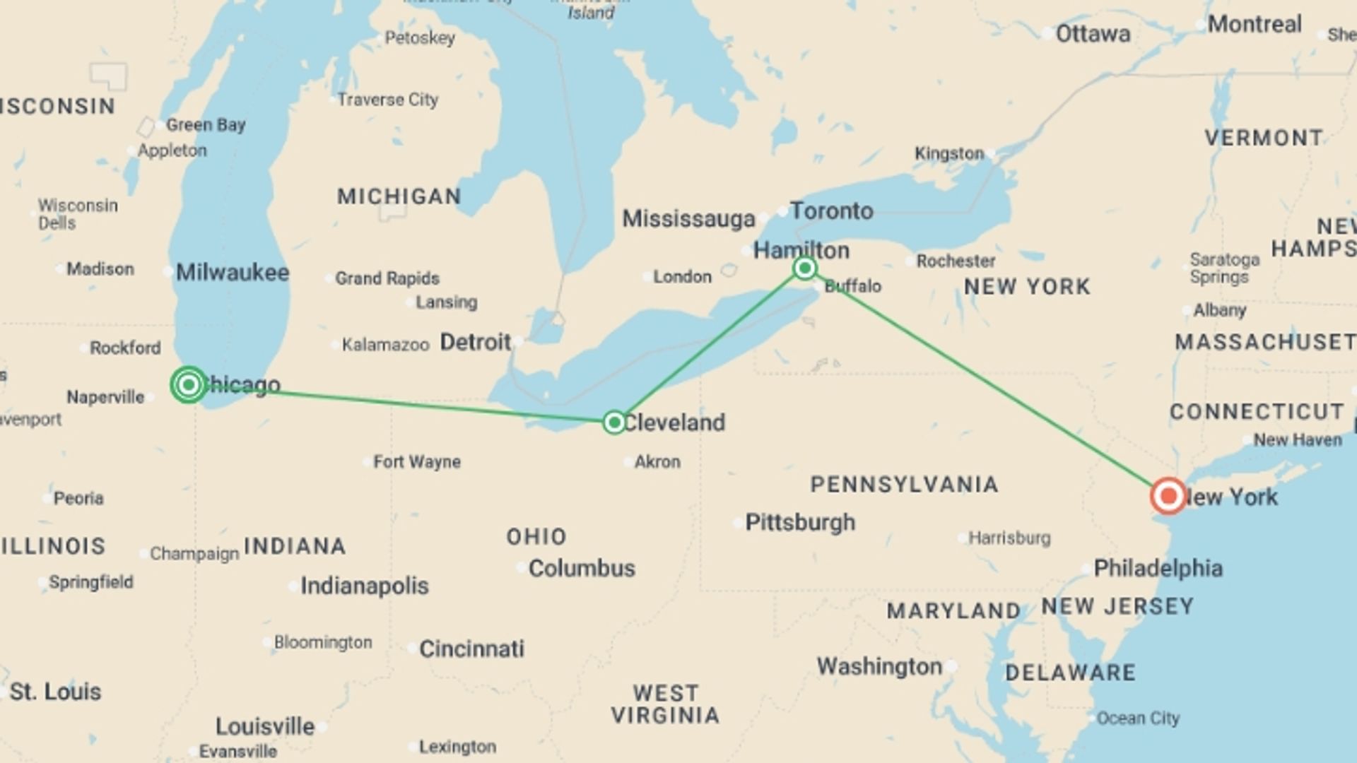 A map showing the tour itinerary for the trip: Chicago, Niagara and New York, starting in Chicago, USA and ending in New York, USA going through 2 other destinations.