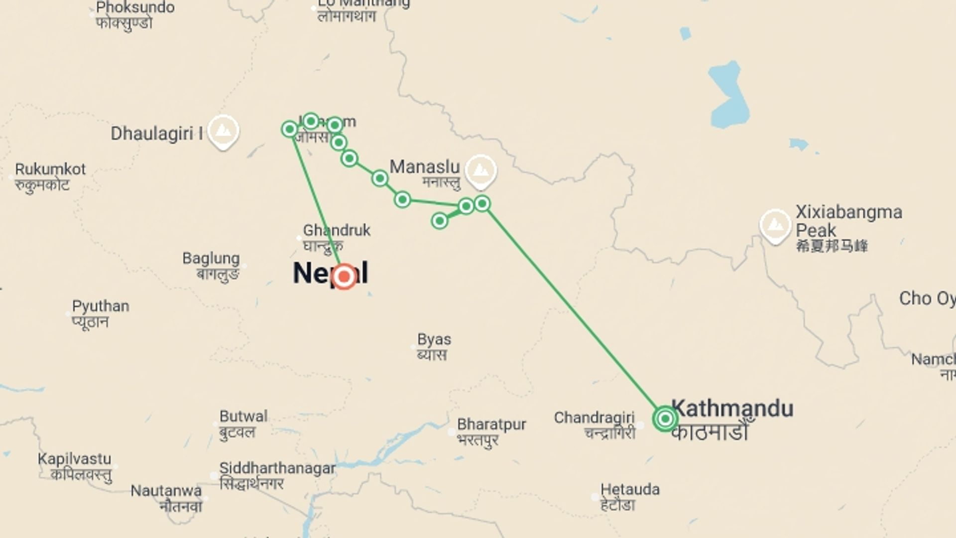 A map showing the tour itinerary for the trip: Annapurna Circuit Trek, starting in Kathmandu, Nepal and ending in Pokhara, Nepal going through 10 other destinations.