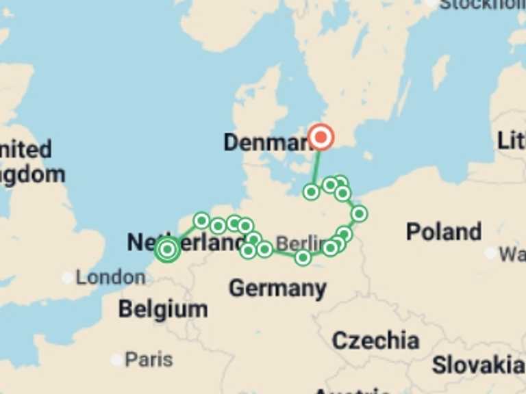 Map of Europe Tour with 15 destination visits for the trip: From Amsterdam to Copenhagen, explore the northern canals by cruising  the Elbe, the Havel, the Oder and the Baltic sea (port-to-port cruise)