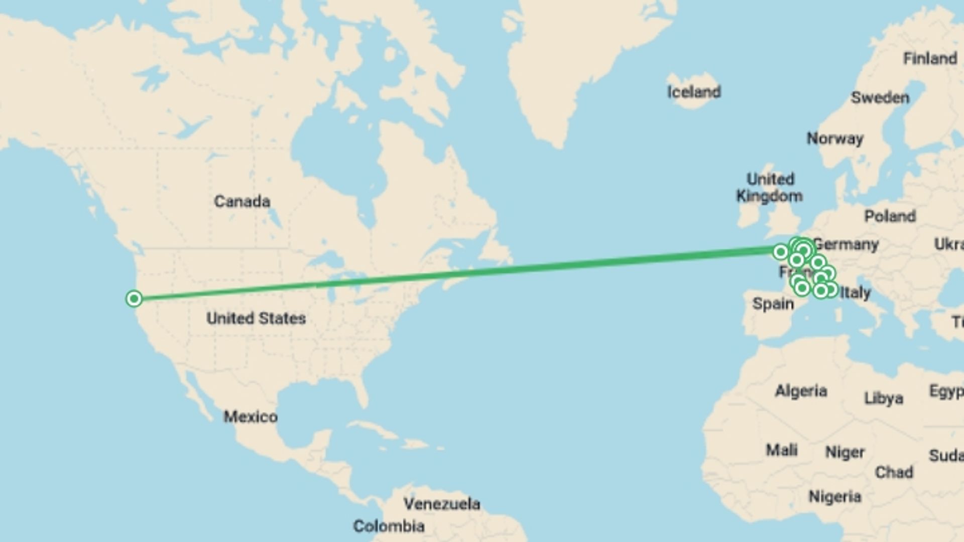 A map showing the tour itinerary for the trip: French Heritage, starting in Paris, France and ending in Paris, France going through 12 other destinations.