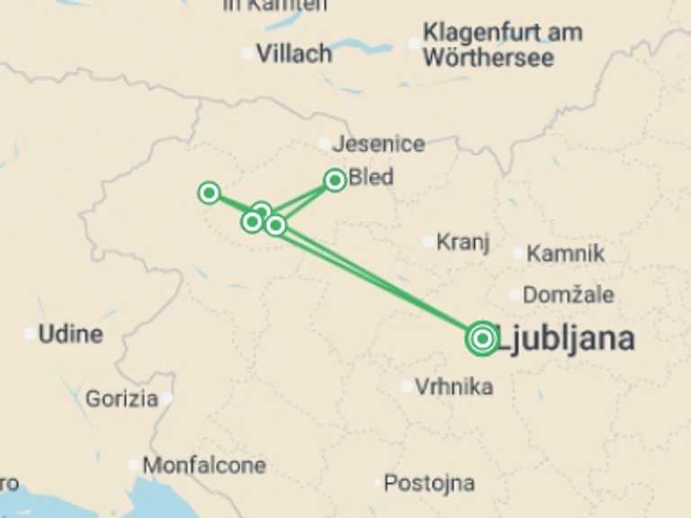 Map itinerary of Europe Tour in September 2026 with 7 destination visits for the trip: Walking in Slovenia