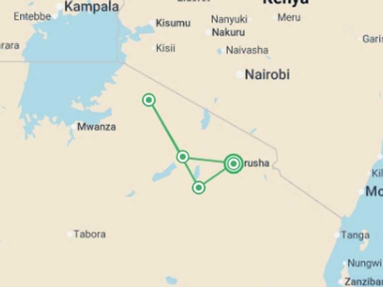 Map itinerary of Africa Tour in June 2026 with 5 destination visits for the trip: Tanzania Safari