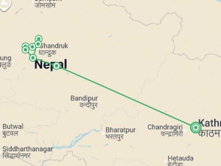 Map itinerary of Asia Tour in October 2026 with 7 destination visits for the trip: Annapurna Poon Hill Trek - 9 days