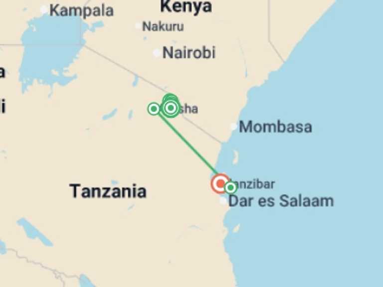 Map itinerary of Africa Tour in Fall with 10 destination visits for the trip: Tanzania: Kilimanjaro's Machame Route & Zanzibar Shores