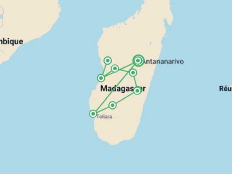 Map itinerary of Africa Tour in September 2026 with 11 destination visits for the trip: Madagascar Wildlife Adventure