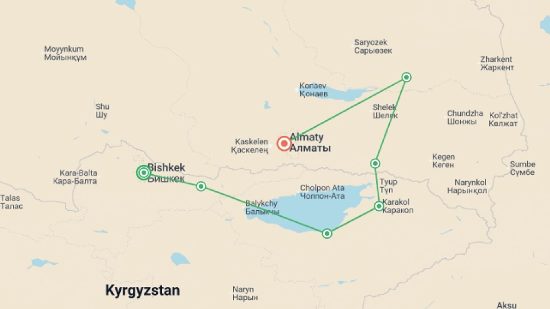 A map showing the tour itinerary for the trip: Kyrgyzstan & Kazakhstan: Colourful Canyons & Nomadic Living, starting in Bishkek, Kyrgyzstan and ending in Almaty, Kazakhstan going through 5 other destinations.