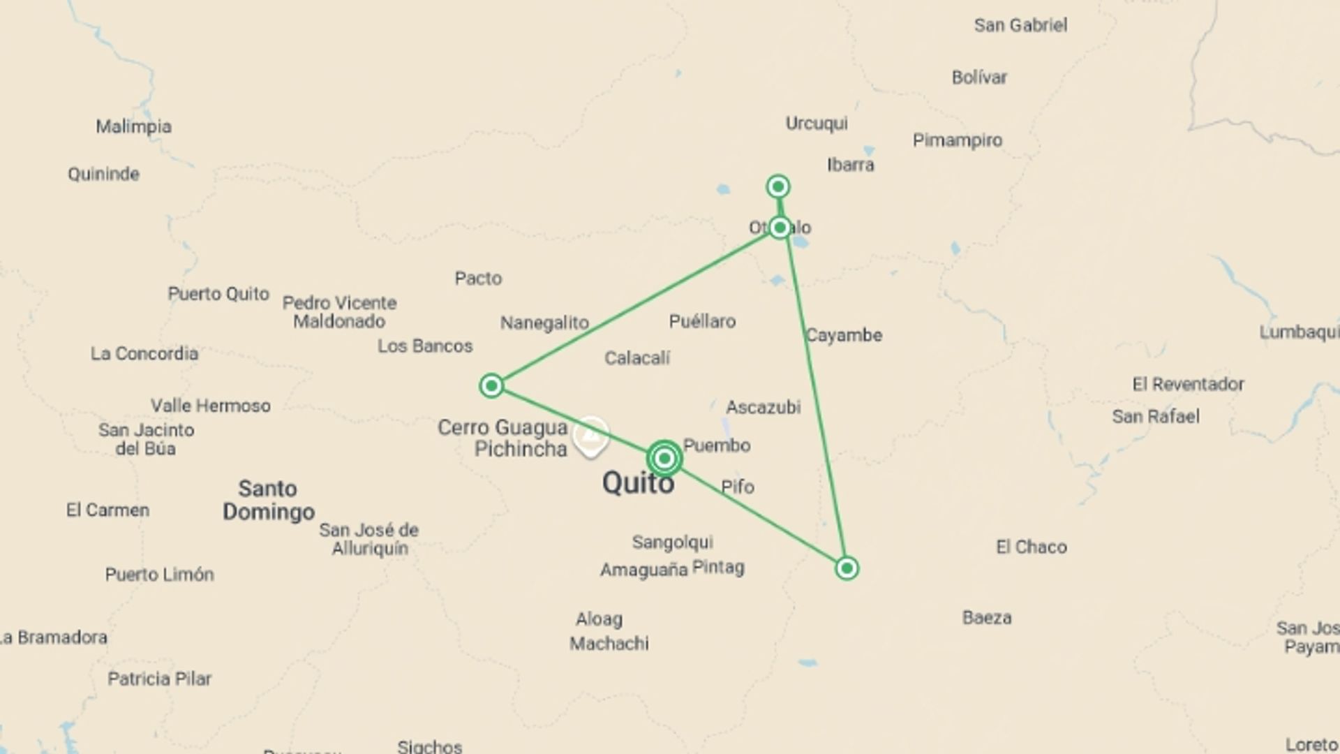 A map showing the tour itinerary for the trip: Ecuador Explorer (Private) - 7 days, starting in Quito, Ecuador and ending in Quito, Ecuador going through 3 other destinations.