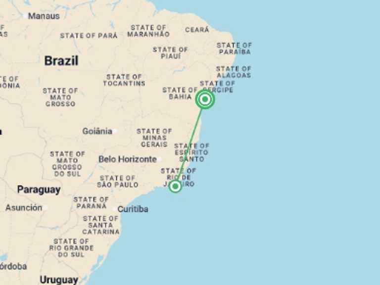 Map itinerary of South America Tour in July 2026 with 2 destination visits for the trip: Salvador, Bahia & Beach - 6 days