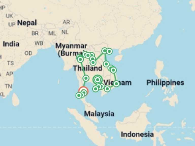 Map itinerary of Asia Tour in July 2026 with 25 destination visits for the trip: Total Southeast Asia: Tasty Street Eats & Chill Island Vibes