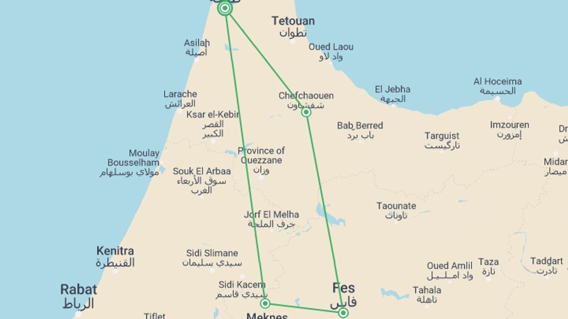 A map showing the tour itinerary for the trip: Three-Day Morocco Tour From Spain, starting in Tangier, Morocco and ending in Tangier, Morocco going through 2 other destinations.
