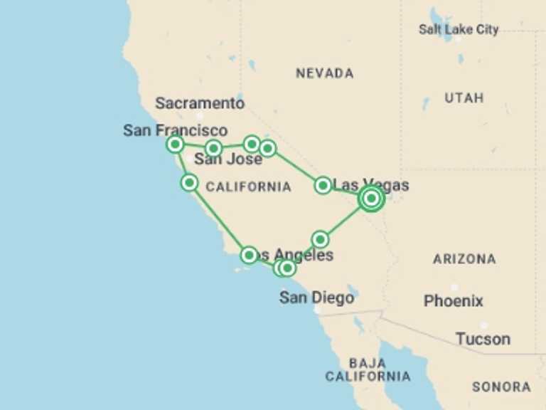 Map of Los Angeles Adventure Tour with 7 destination visits for the trip: Western Frontiers - California Highlights