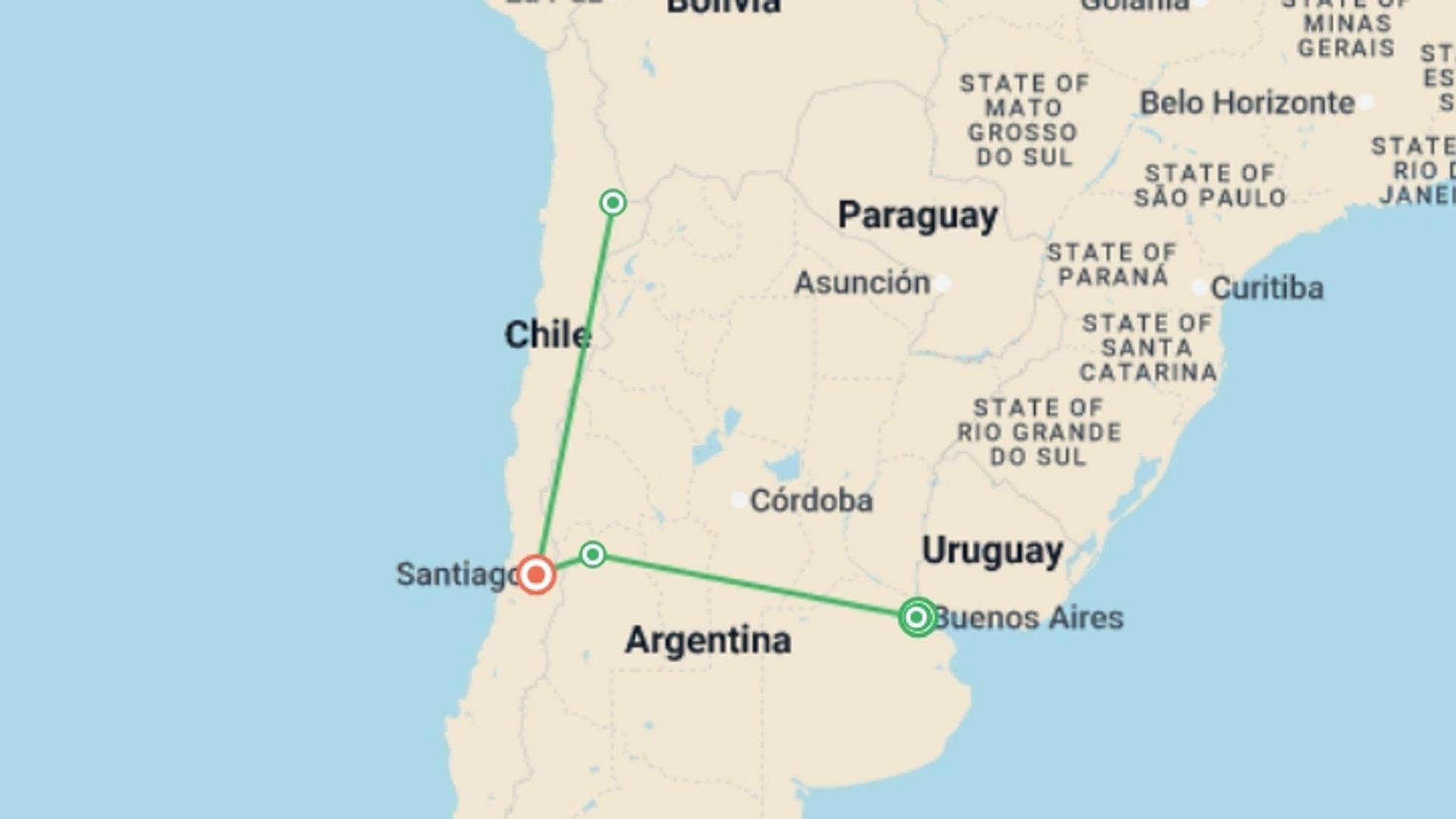 A map showing the tour itinerary for the trip: Argentina, Atacama Desert & Chile Delights, starting in Buenos Aires, Argentina and ending in Santiago, Chile going through 6 other destinations.