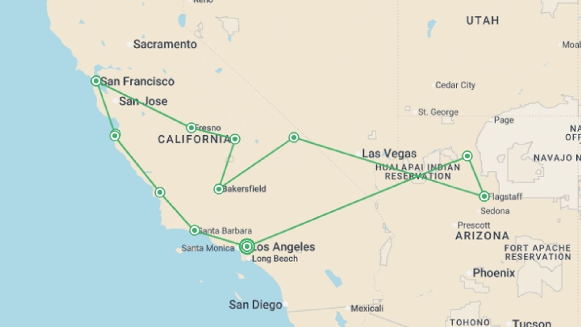 A map showing the tour itinerary for the trip: Dreams of the West, starting in Los Angeles, USA and ending in Los Angeles, USA going through 5 other destinations.