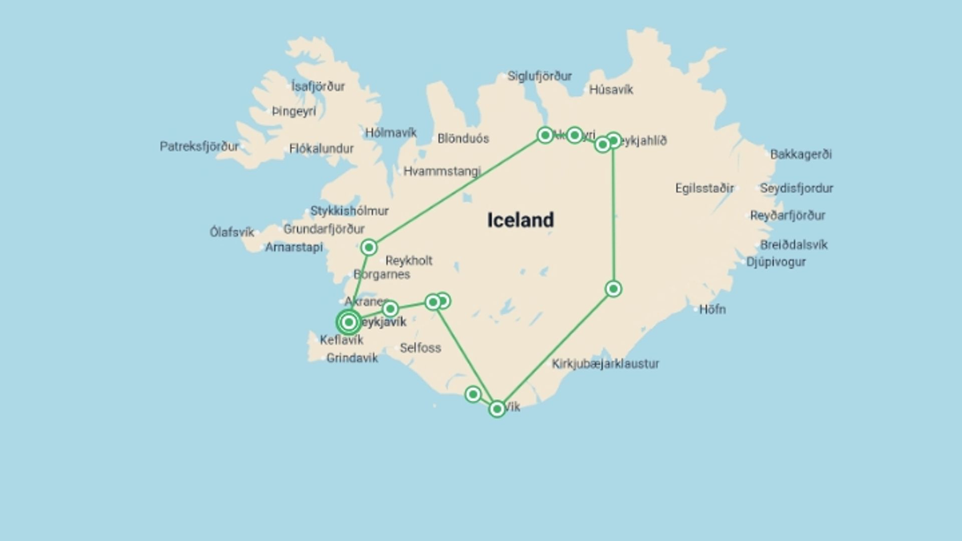 A map showing the tour itinerary for the trip: Iceland Circle - 8 Days, starting in Reykjavik, Iceland and ending in Reykjavik, Iceland going through 6 other destinations.