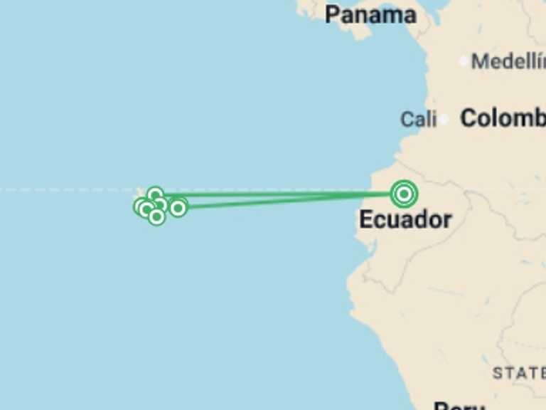 Map itinerary of South America Tour in March 2026 with 10 destination visits for the trip: Galapagos Walking Adventure