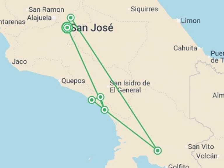 Map of Central America Tour with 6 destination visits for the trip: Trek Hidden Costa Rica
