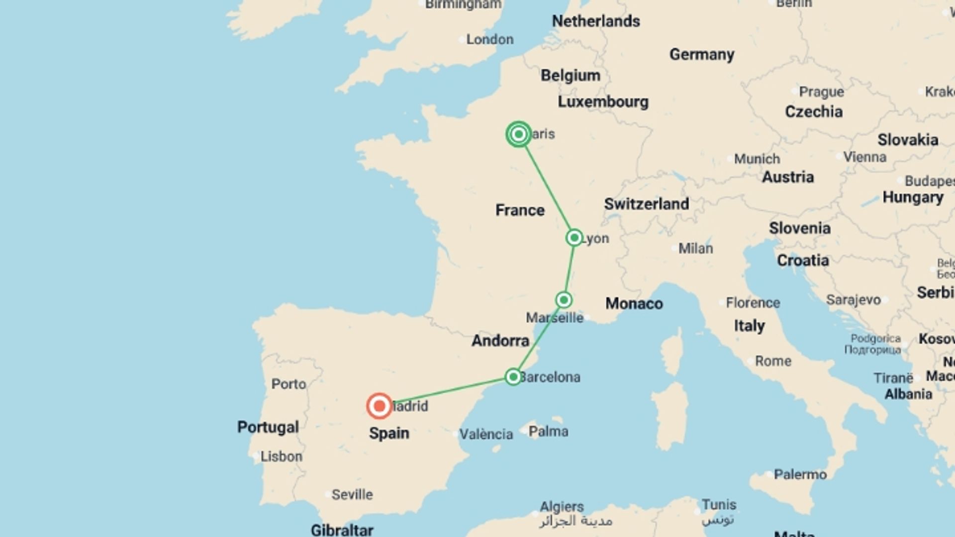 A map showing the tour itinerary for the trip: Best of France & Spain, starting in Paris, France and ending in Madrid, Spain going through 3 other destinations.