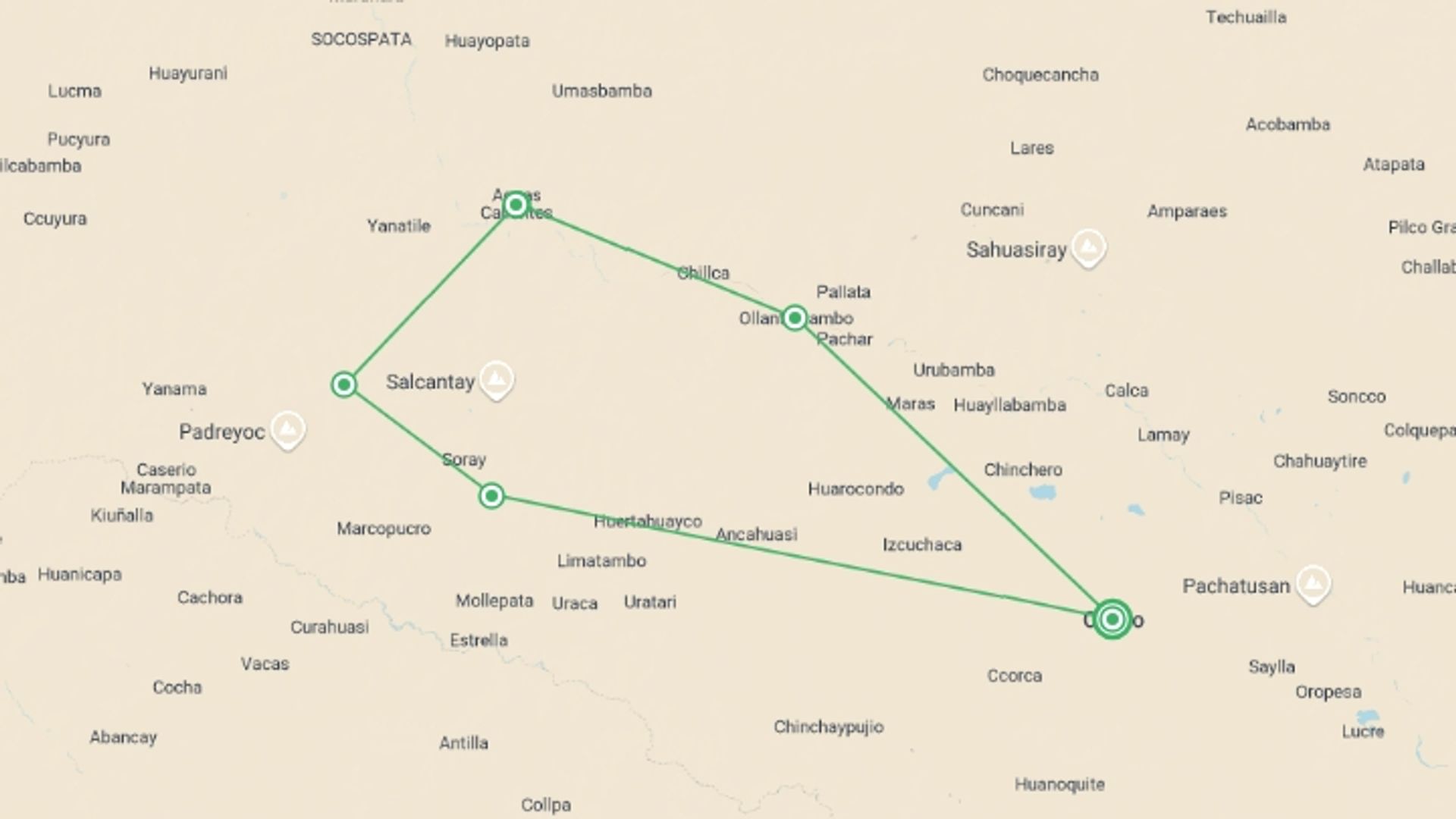 A map showing the tour itinerary for the trip: Salkantay Trek to Machu Picchu 4D/3N, starting in Cusco, Peru and ending in Cusco, Peru going through 5 other destinations.